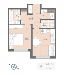 МЖК «Пулково Lake», планировка 1-комнатной квартиры, 37.40 м²