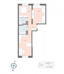 ЖК «Цивилизация на Неве», планировка 2-комнатной квартиры, 61.90 м²