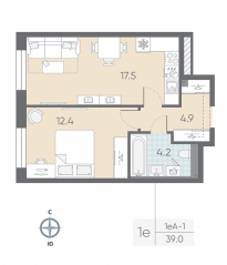 ЖК «ЛСР. Большая Охта», планировка 1-комнатной квартиры, 39.00 м²