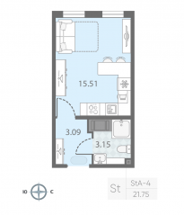 ЖК «Морская миля», планировка студии, 21.75 м²