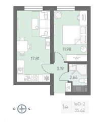 ЖК «Морская миля», планировка 1-комнатной квартиры, 35.74 м²