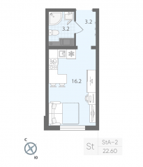 ЖК «Ручьи», планировка студии, 22.60 м²