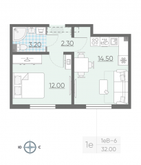 ЖК «ЛСР. Ржевский парк», планировка 1-комнатной квартиры, 32.00 м²