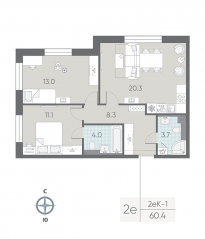 ЖК «ЛСР. Большая Охта», планировка 2-комнатной квартиры, 60.40 м²