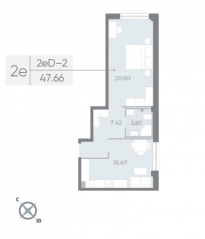 ЖК «Neva Residence», планировка 1-комнатной квартиры, 48.40 м²