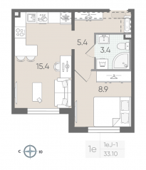 ЖК «Цветной город», планировка 1-комнатной квартиры, 33.10 м²