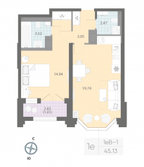 ЖК «Цивилизация на Неве», планировка 1-комнатной квартиры, 45.13 м²