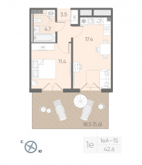 МЖК «Пулково Lake», планировка 1-комнатной квартиры, 42.60 м²