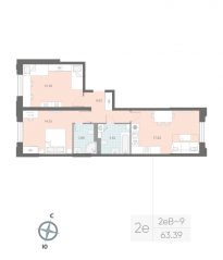 ЖК «Цивилизация на Неве», планировка 2-комнатной квартиры, 63.39 м²