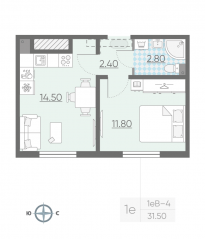 ЖК «ЛСР. Ржевский парк», планировка 1-комнатной квартиры, 31.50 м²