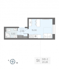 ЖК «Ручьи», планировка студии, 20.00 м²