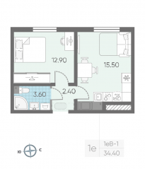 ЖК «ЛСР. Ржевский парк», планировка 1-комнатной квартиры, 34.40 м²