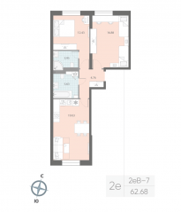 ЖК «Цивилизация на Неве», планировка 2-комнатной квартиры, 62.68 м²