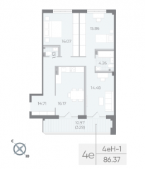 ЖК «Neva Residence», планировка 3-комнатной квартиры, 87.70 м²