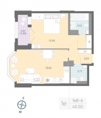 ЖК «Цивилизация на Неве», планировка 1-комнатной квартиры, 45.50 м²