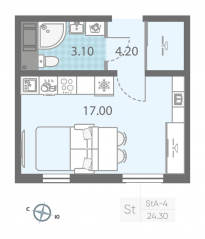 ЖК «ЛСР. Ржевский парк», планировка студии, 24.30 м²