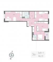 ЖК «Цивилизация на Неве», планировка 3-комнатной квартиры, 86.31 м²