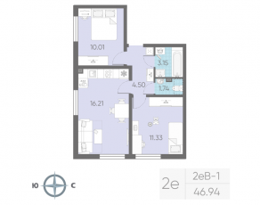 ЖК «Морская миля», планировка 2-комнатной квартиры, 46.94 м²