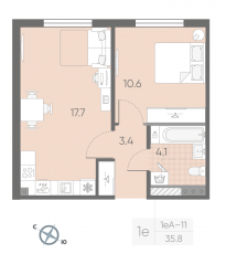 МЖК «Пулково Lake», планировка 1-комнатной квартиры, 35.80 м²