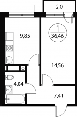 ЖК «Катуар», планировка 1-комнатной квартиры, 36.46 м²