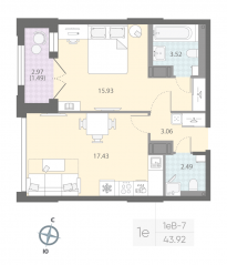 ЖК «Цивилизация на Неве», планировка 1-комнатной квартиры, 43.92 м²
