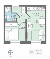 ЖК «ЛСР. Ржевский парк», планировка 1-комнатной квартиры, 31.40 м²
