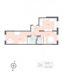 ЖК «Цивилизация на Неве», планировка 2-комнатной квартиры, 64.00 м²