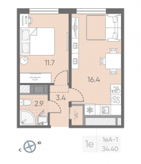 ЖК «Октябрьская набережная», планировка 1-комнатной квартиры, 34.40 м²