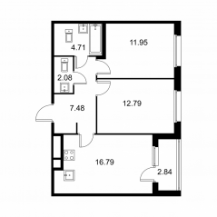 ЖК «Квартал Заречье», планировка 2-комнатной квартиры, 57.22 м²