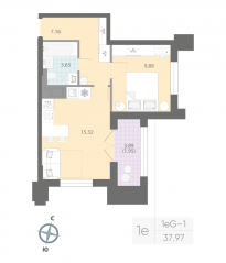 ЖК «Цивилизация на Неве», планировка 1-комнатной квартиры, 37.97 м²