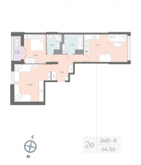 ЖК «Цивилизация на Неве», планировка 2-комнатной квартиры, 64.56 м²