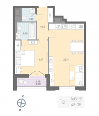 ЖК «Цивилизация на Неве», планировка 1-комнатной квартиры, 45.05 м²