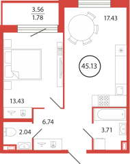 ЖК «Энфилд», планировка 1-комнатной квартиры, 45.13 м²