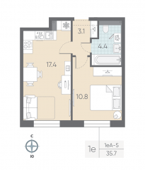 ЖК «ЛСР. Большая Охта», планировка 1-комнатной квартиры, 35.70 м²