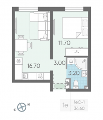 ЖК «Октябрьская набережная», планировка 1-комнатной квартиры, 34.60 м²
