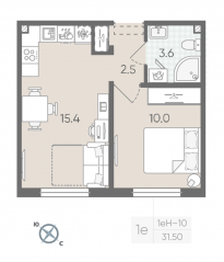ЖК «Цветной город», планировка 1-комнатной квартиры, 31.50 м²