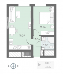 ЖК «Морская миля», планировка 1-комнатной квартиры, 37.03 м²