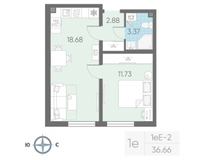 ЖК «Морская миля», планировка 1-комнатной квартиры, 36.66 м²