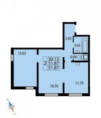 ЖК «Шуваловский», планировка 2-комнатной квартиры, 52.30 м²
