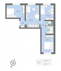 ЖК «Ручьи», планировка 3-комнатной квартиры, 57.80 м²