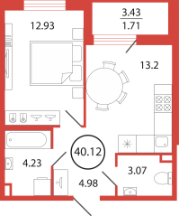 ЖК «Энфилд», планировка 1-комнатной квартиры, 40.12 м²