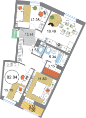 ЖК «Modum», планировка 3-комнатной квартиры, 82.84 м²