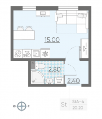 ЖК «ЛСР. Ржевский парк», планировка студии, 20.20 м²