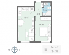 ЖК «Морская миля», планировка 1-комнатной квартиры, 34.39 м²