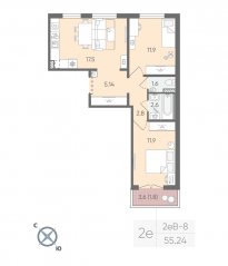 ЖК «Цветной город», планировка 2-комнатной квартиры, 55.24 м²