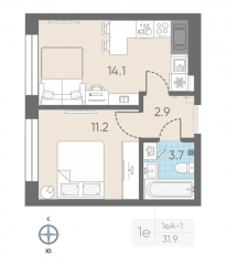 ЖК «ЛСР. Измайловский», планировка 1-комнатной квартиры, 31.90 м²