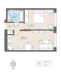 ЖК «ЛСР. Измайловский», планировка 1-комнатной квартиры, 42.40 м²
