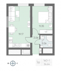 ЖК «Морская миля», планировка 1-комнатной квартиры, 36.79 м²