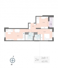 ЖК «Цивилизация на Неве», планировка 2-комнатной квартиры, 60.95 м²