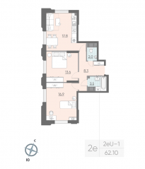ЖК «Цивилизация на Неве», планировка 2-комнатной квартиры, 60.80 м²
